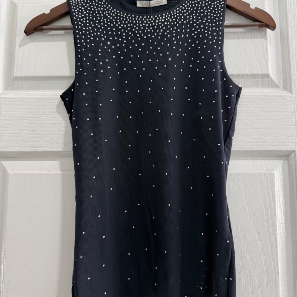 ZARA Mesh Sleeveless Rhinestone Top, Dark Navy - Black, Y2K Beaded Tank Size M